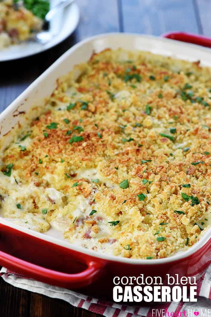 Cordon Bleu Casserole ~ loaded with chicken (or turkey) and ham in a creamy Swiss cheese sauce topped with a layer of toasty bread crumbs for a decadent, delicious dinner that's perfect for using up Thanksgiving leftovers with Text Overlay 