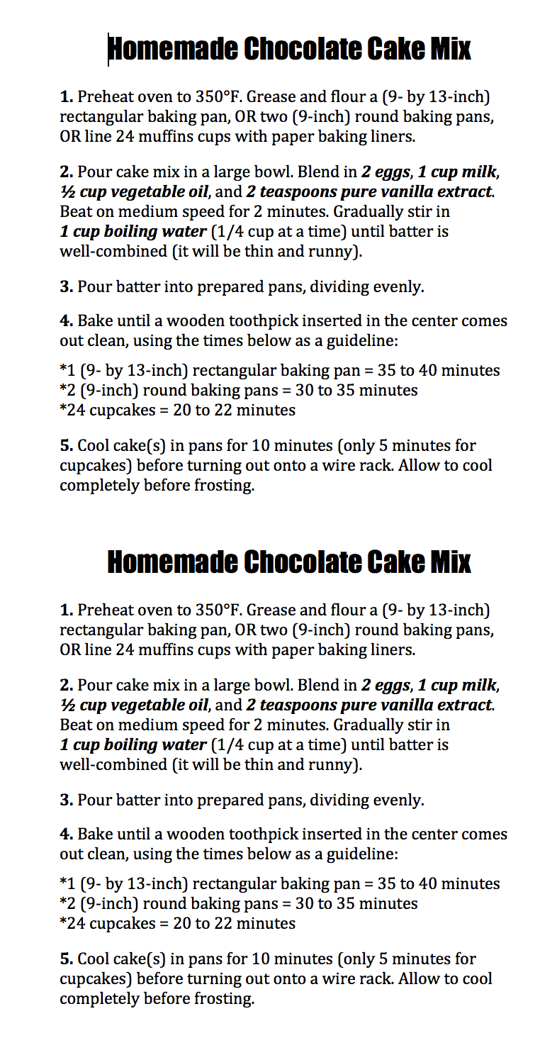 Homemade Chocolate Cake Mix is an easy, from-scratch pantry staple to whip up light, moist chocolate cake or cupcakes in a matter of minutes! | FiveHeartHome Homemade Chocolate Cake Mix Directions