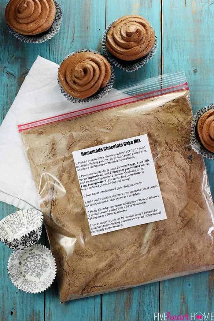 Homemade Chocolate Cake Mix is an easy, from-scratch pantry staple to whip up light, moist chocolate cake or cupcakes in a matter of minutes! | FiveHeartHome How to Make Homemade Chocolate Cake Mix