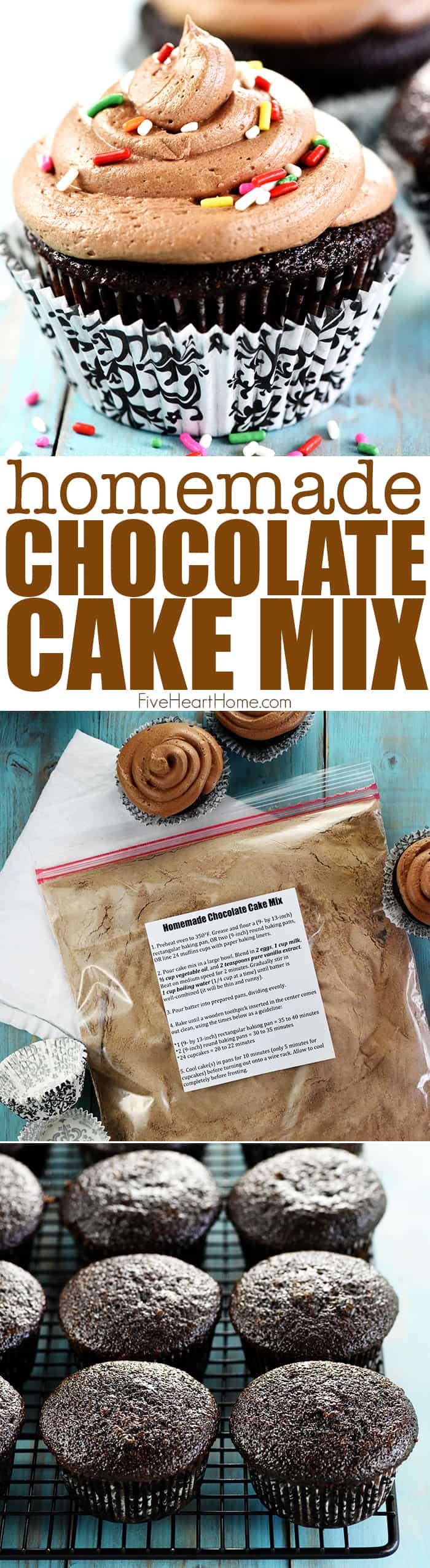 Homemade Chocolate Cake Mix ~ an easy, from-scratch pantry staple to whip up light, moist chocolate cake or cupcakes in a matter of minutes! | FiveHeartHome.com via @fivehearthome
