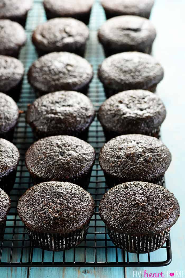 Baking rack of moist chocolate cupcakes