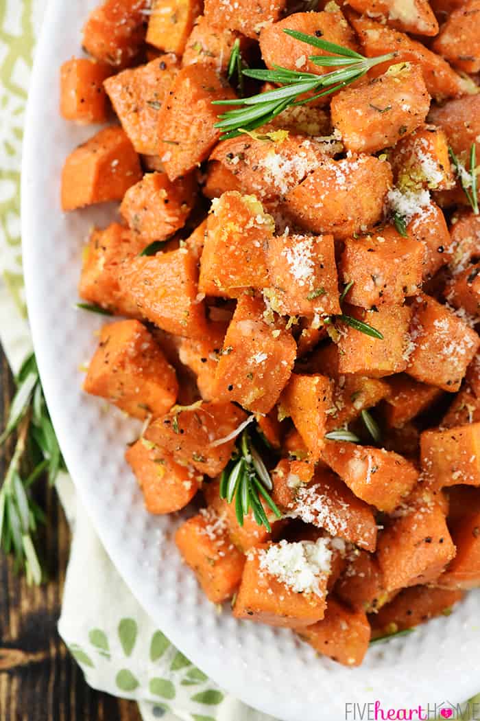 Aerial shot of savory sweet potato recipe on white platter.