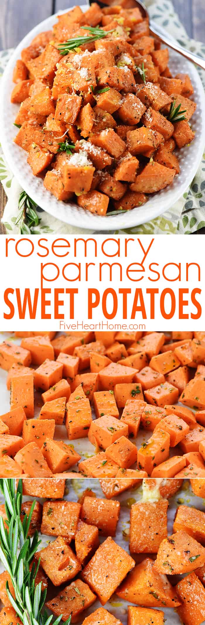 Rosemary Parmesan Roasted Sweet Potatoes ~ a simple, healthy, savory-sweet recipe that's the perfect side dish for a regular weeknight dinner or a special holiday menu! | FiveHeartHome.com via @fivehearthome