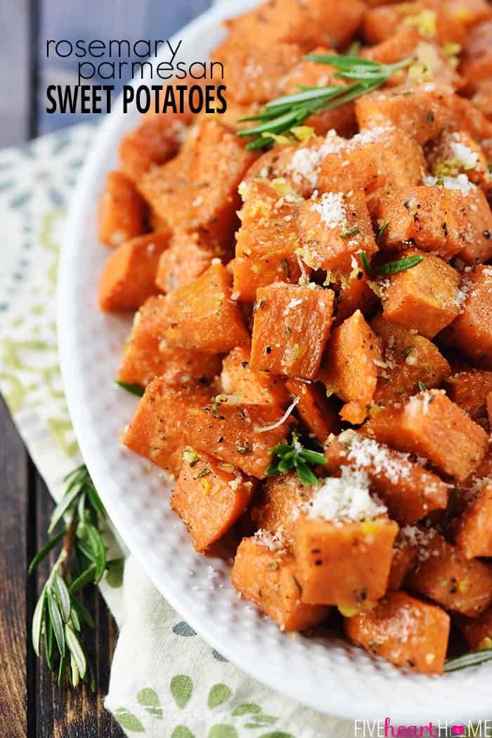 Savory Sweet Potatoes with Rosemary & Parmesan, with text overlay.