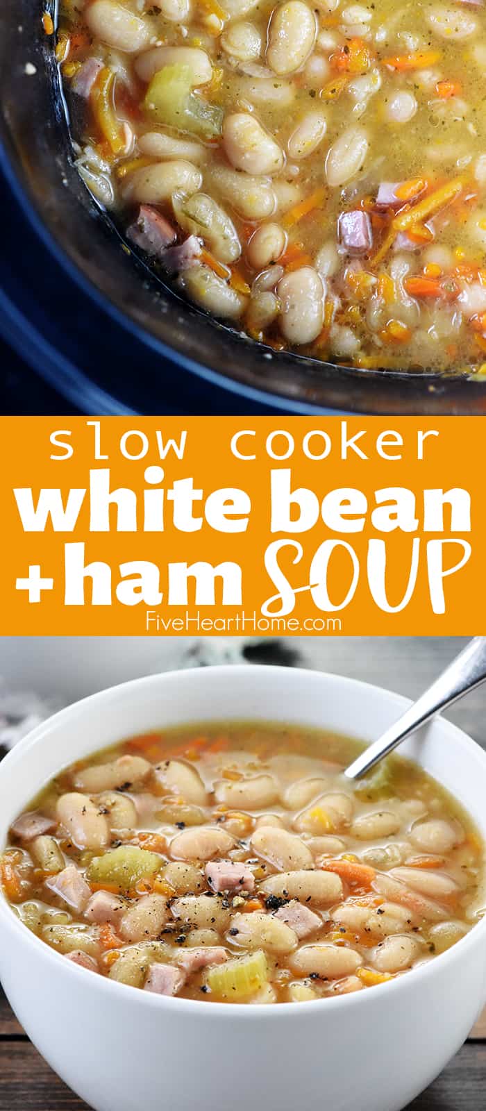 Slow Cooker Ham and Bean Soup ~ a hearty, wholesome, comforting crock pot recipe that's perfect for using up leftover holiday ham! | FiveHeartHome.com via @fivehearthome