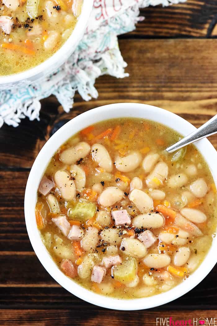 Aerial view of Slow Cooker Ham and Bean Soup.