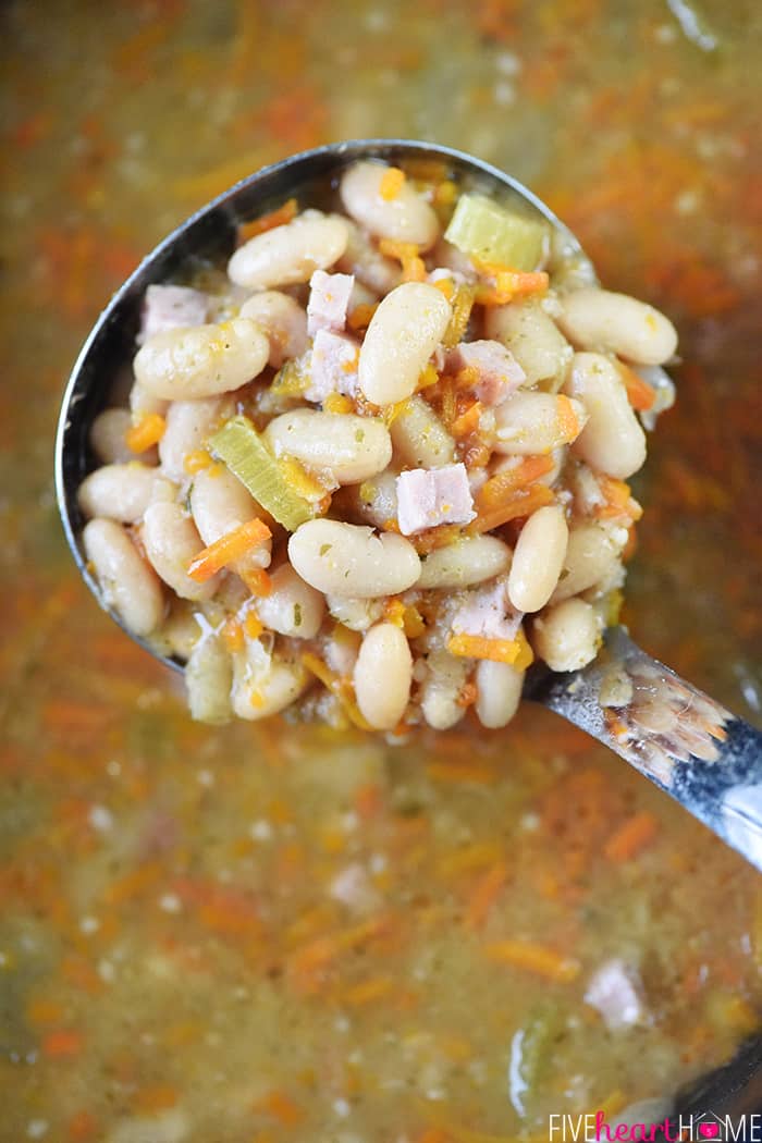 Ladle of Slow Cooker Ham and Bean Soup.