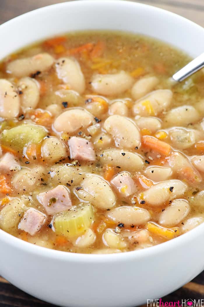 Close-up of White Bean Soup with Ham.