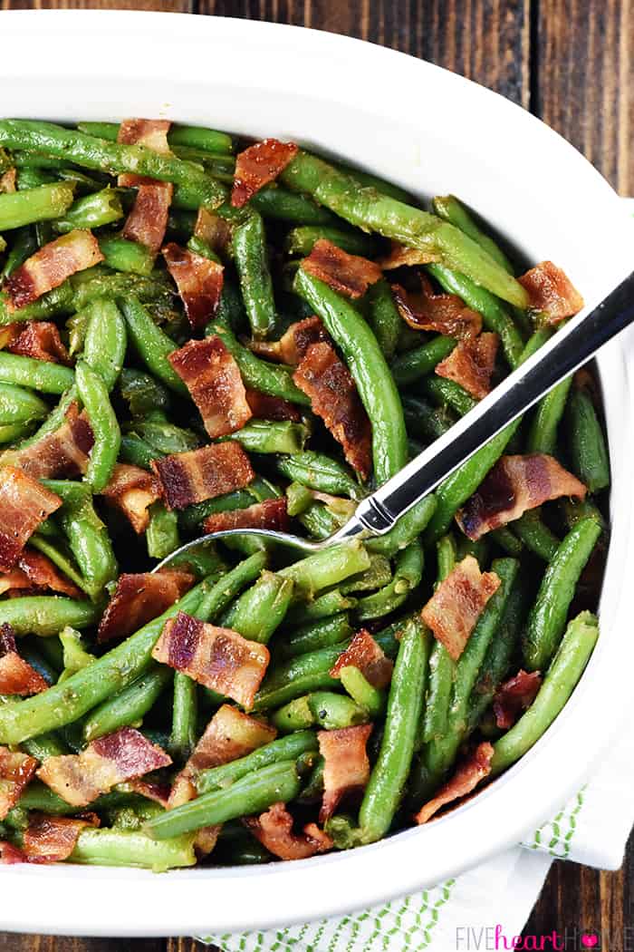 Aerial view of Green Beans with Bacon in serving dish.