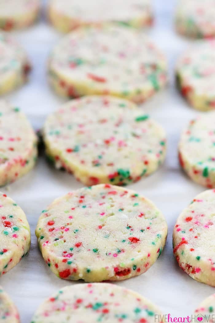 Close-up of Christmas Shortbread Cookies on baking sheet.