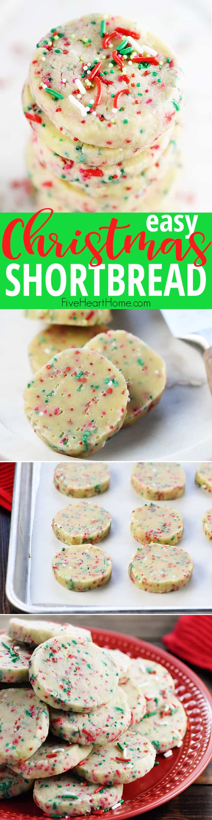 Christmas Shortbread Cookies ~ simple to make and loaded with festive sprinkles, these easy Christmas cookies are the perfect addition to your holiday cookie platter! | FiveHeartHome.com via @fivehearthome