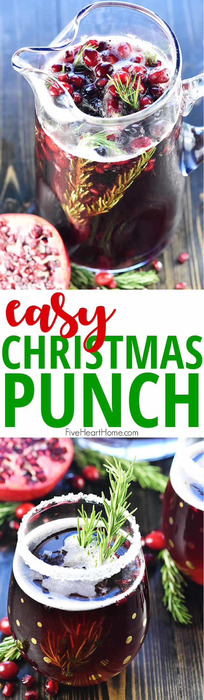 Christmas Punch ~ this festive sparkling beverage features champagne, pomegranate juice, and cranberry juice for an easy-to-make, pretty-to-serve punch that's perfect for holiday parties! Or there's a non-alcoholic version as well! | FiveHeartHome.com via @fivehearthome