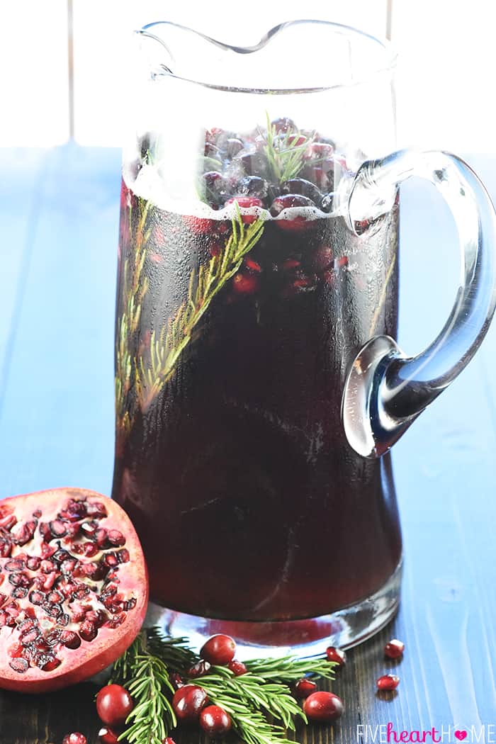 Glass pitcher of Christmas Punch recipe.