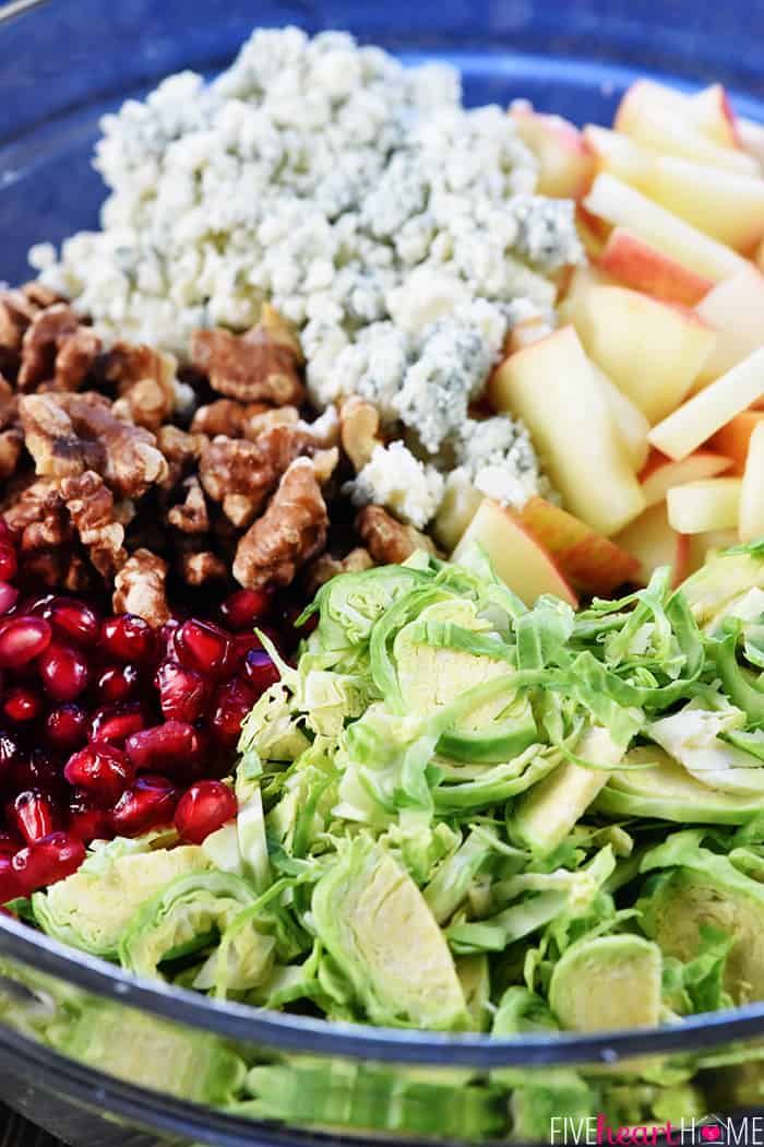 Shaved Brussels sprouts, diced apple, pomegranate seeds, walnuts, and blue cheese.