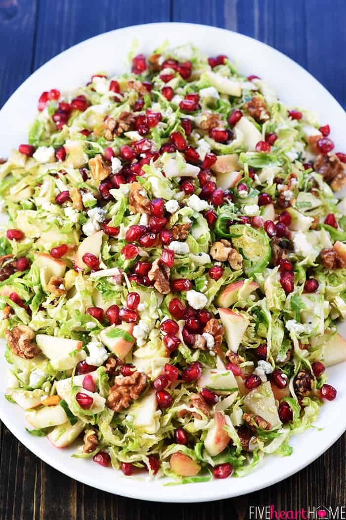 Aerial view of Shaved Brussels Sprout Salad on platter.