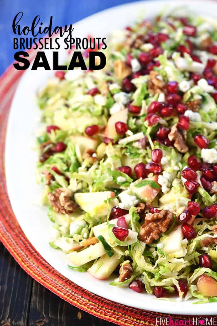 Shaved Brussels Sprouts Salad holiday recipe with text overlay.