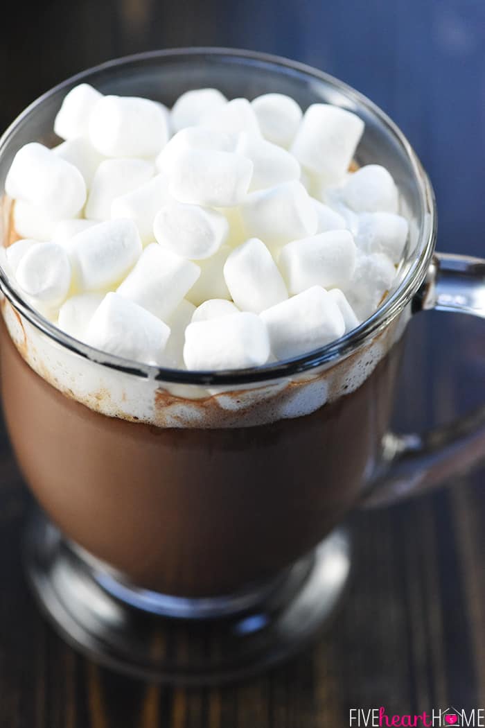 Slow Cooker Hot Chocolate in glass mug.