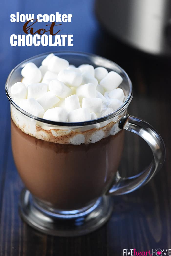 Crock Pot Hot Chocolate ~ using a slow cooker is the easiest way to make a big batch of rich, decadent hot cocoa for a crowd, and four flavor variations make it extra yummy: regular, salted caramel, peppermint, and Mexican hot chocolate! | FiveHeartHome.com