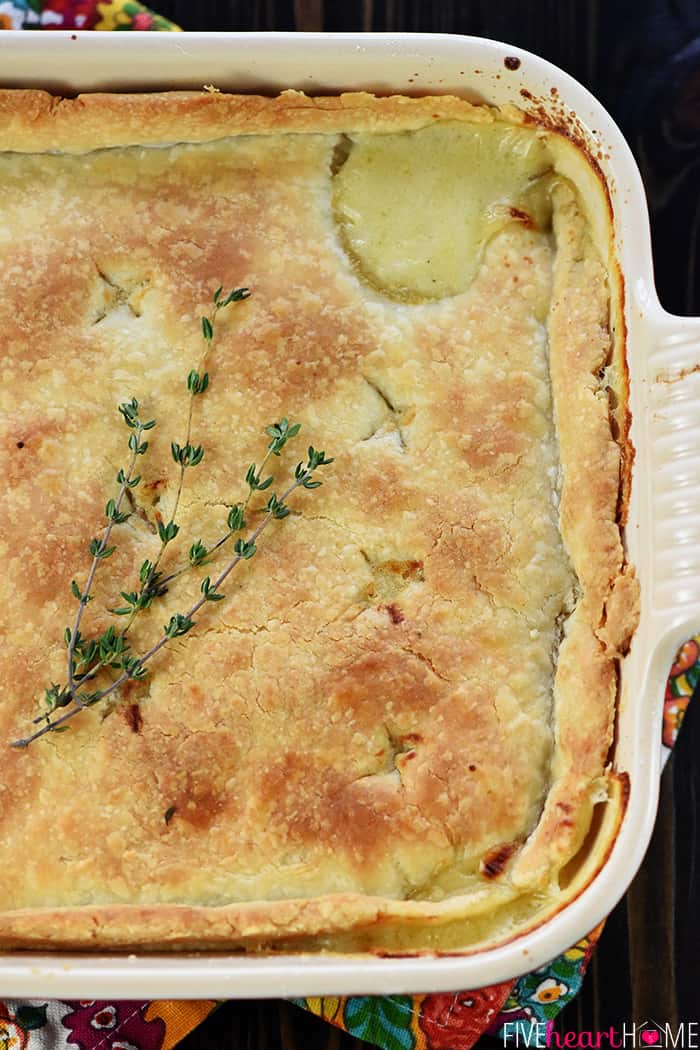 The BEST Chicken Pot Pie ~ features juicy chicken and tender veggies under a flaky, buttery crust for a delicious comfort food classic! | FiveHeartHome.com Freshly Baked Chicken Pot Pie From Scratch