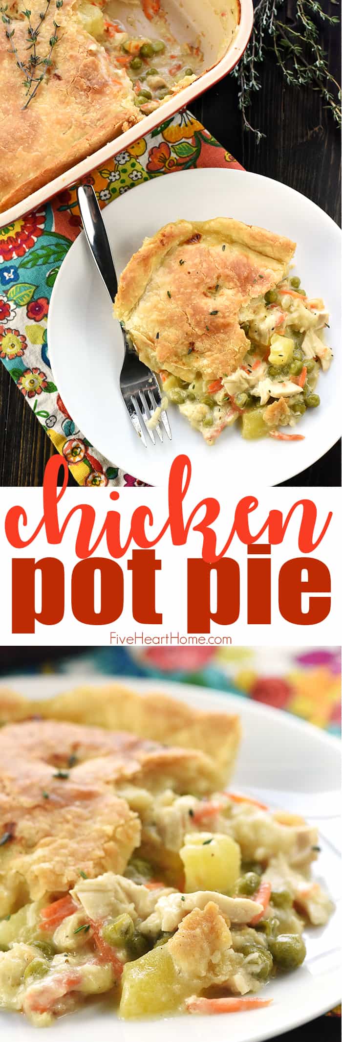 The BEST Chicken Pot Pie ~ features juicy chicken and tender veggies under a flaky, buttery crust for a delicious comfort food classic! | FiveHeartHome.com via @fivehearthome