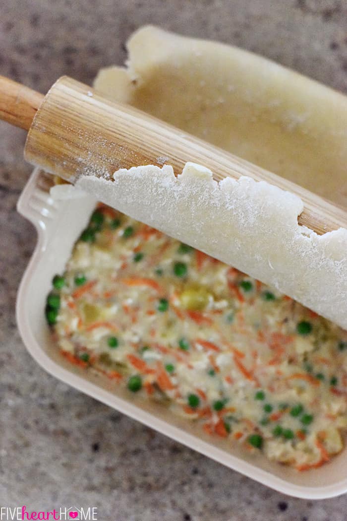 The BEST Chicken Pot Pie ~ features juicy chicken and tender veggies under a flaky, buttery crust for a delicious comfort food classic! | FiveHeartHome.com Crust Being Laid using Rolling Pin
