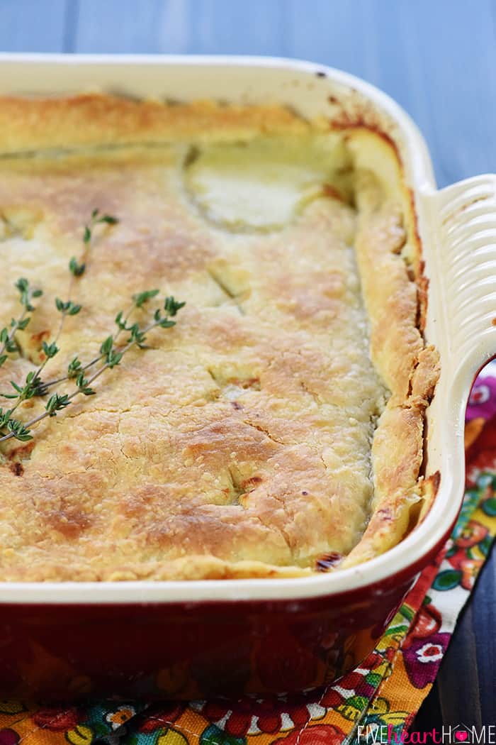 Homemade Chicken Pot Pie Close-up with Fresh Sprigs of Thyme