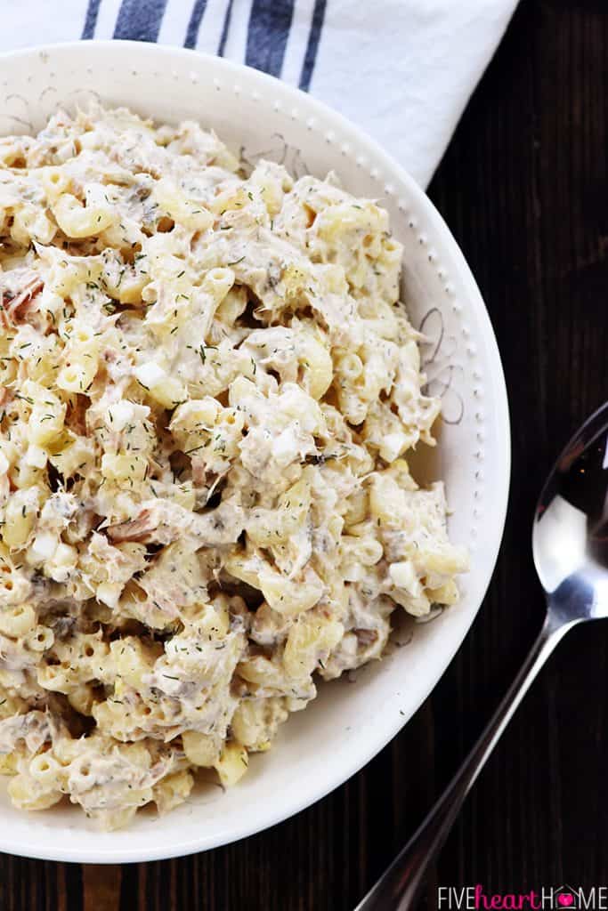 Aerial view of Tuna Macaroni Salad in serving bowl.