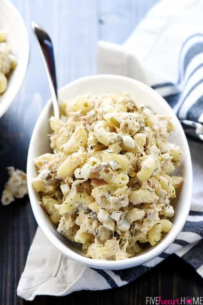 Serving of Tuna Pasta Salad in bowl with spoon.