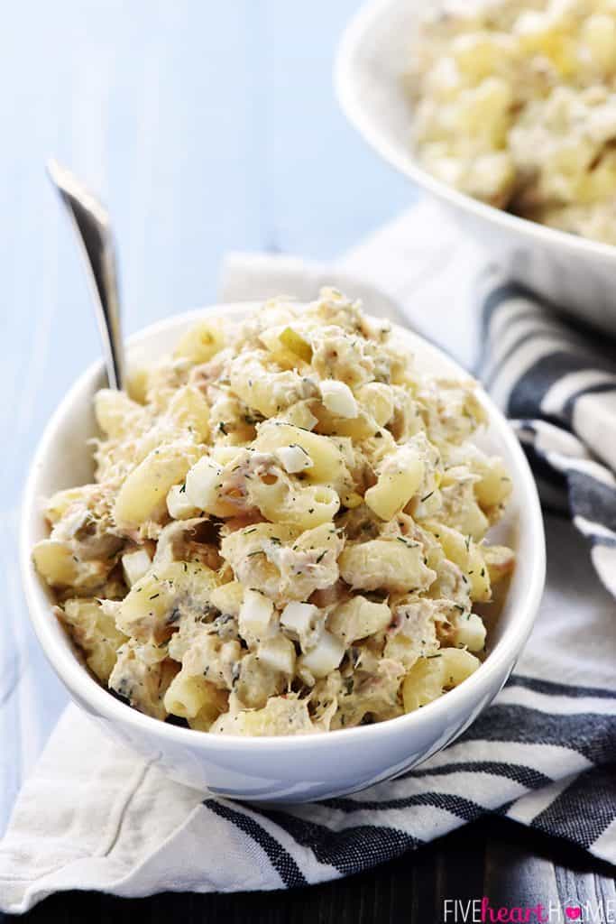 Cold Tuna Pasta Salad with spoon.