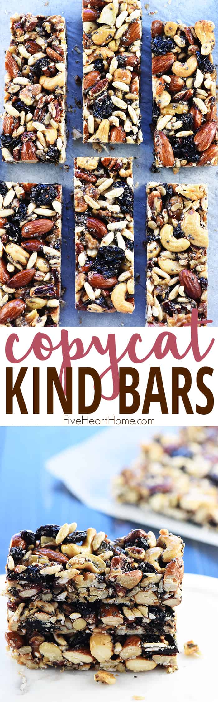 Copycat KIND Bars ~ a homemade version of the popular, wholesome, nut-packed energy bars...use your favorite ingredients to make them economically at home! | FiveHeartHome.com via @fivehearthome