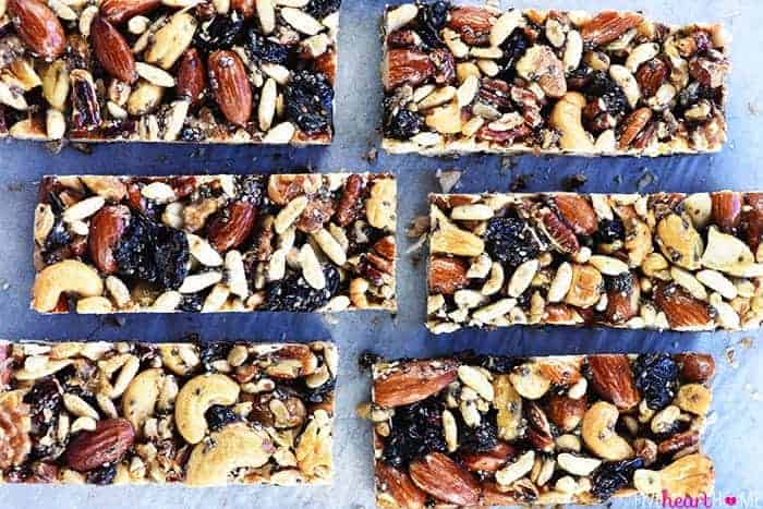 Copycat KIND Bars ~ a homemade version of the popular, wholesome, nut-packed energy bars...use your favorite ingredients to make them economically at home! | FiveHeartHome.com