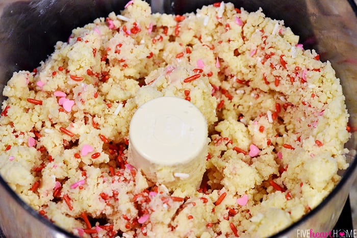 Cookie dough with Valentine's sprinkles incorporated.