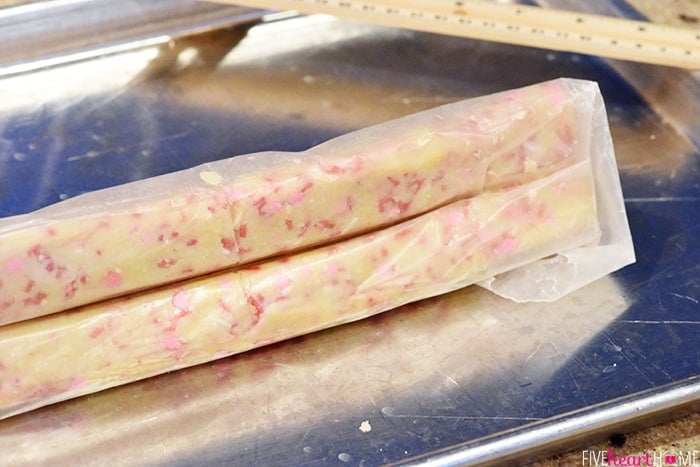 Valentine cookie dough ready to freeze.