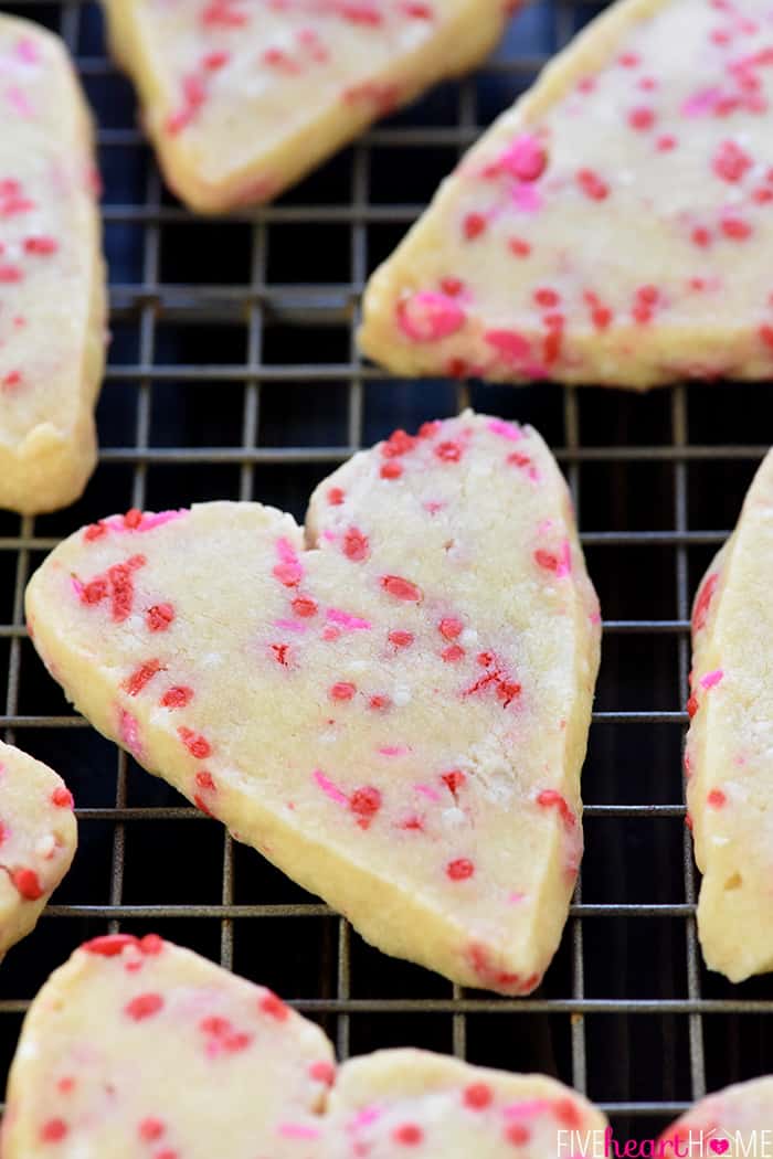 Easy Shortbread Heart Shaped Cookies on cooling rack.