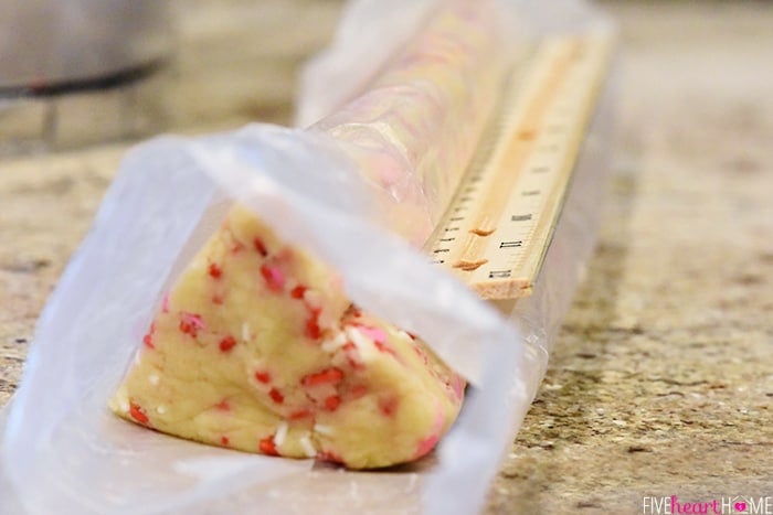 Log of dough for slicing into heart cookies.