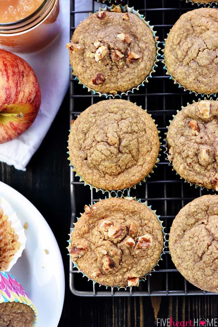 Aerial view of Applesauce Muffins on rack.