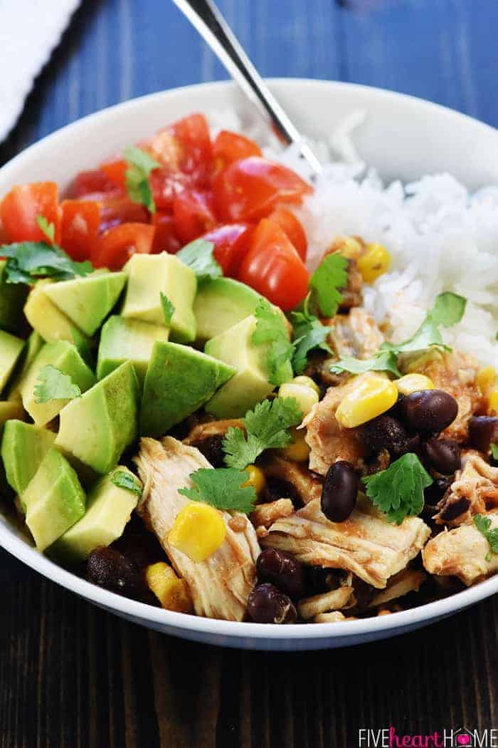 Burrito Bowl with rice and toppings.