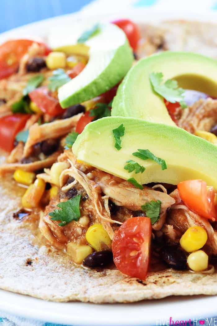 Close-up of filling in Instant Pot Chicken Tacos.