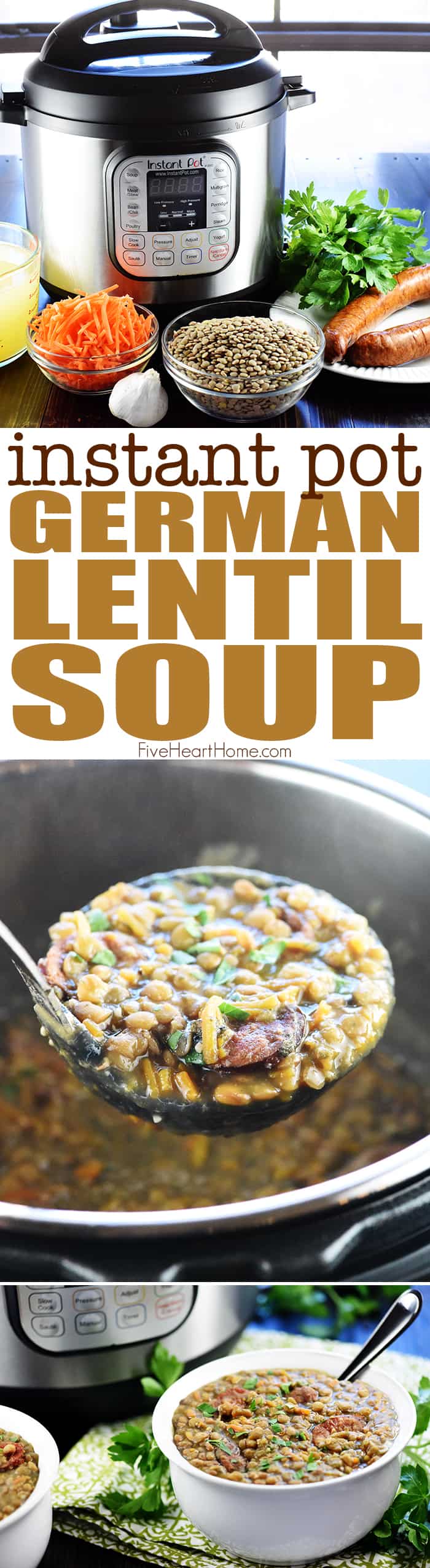 Instant Pot German Lentil Soup ~ a savory, hearty pressure cooker recipe loaded with wholesome lentils, healthy carrots, and flavorful garlic, herbs, and spices, with the option of adding sausage or ham! | FiveHeartHome.com via @fivehearthome