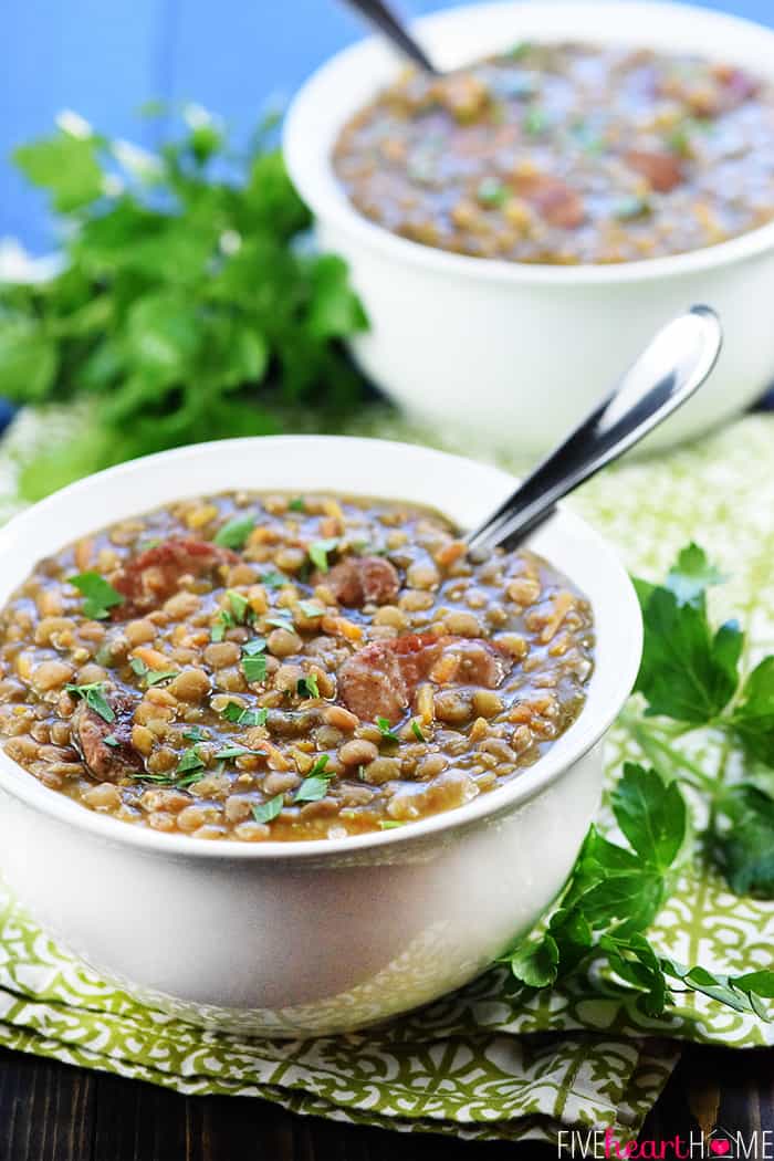 Instant Pot German Lentil Soup in two white bowls.