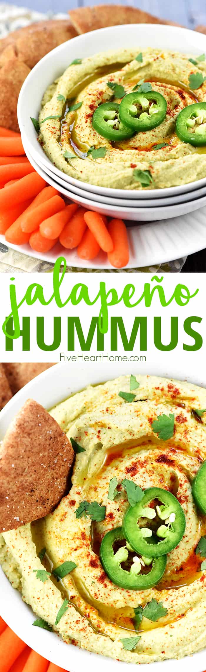 Jalapeño Hummus ~ classic hummus gets a zippy kick in this healthy, flavorful, quick and easy dip for pita wedges or your favorite raw veggies! | FiveHeartHome.com Jalapeño Hummus Collage with Text Overlay