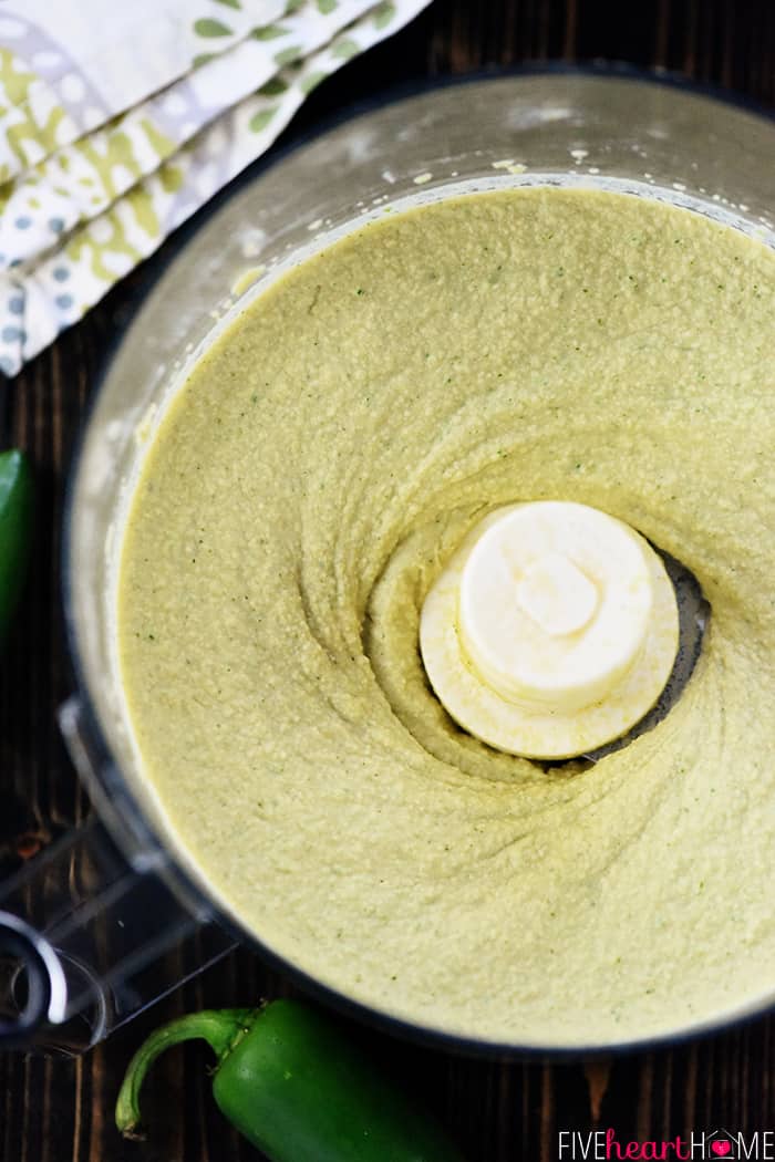 Aerial View Jalapeno Hummus in Food Processor 