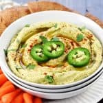 Jalapeño Hummus ~ classic hummus gets a zippy kick in this healthy, flavorful, quick and easy dip for pita wedges or your favorite raw veggies! | FiveHeartHome.com