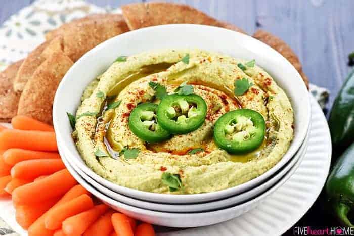 Jalapeño Hummus ~ classic hummus gets a zippy kick in this healthy, flavorful, quick and easy dip for pita wedges or your favorite raw veggies! | FiveHeartHome.com