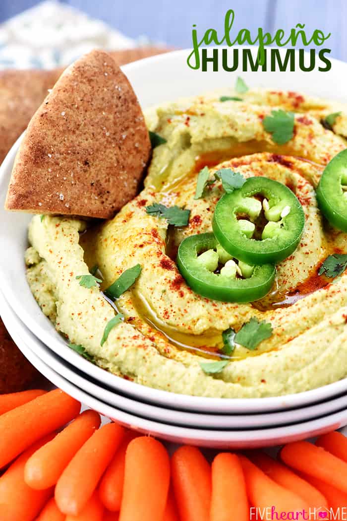 Jalapeño Hummus ~ classic hummus gets a zippy kick in this healthy, flavorful, quick and easy dip for pita wedges or your favorite raw veggies! | FiveHeartHome.com Jalapeño Hummus with Text Overlay