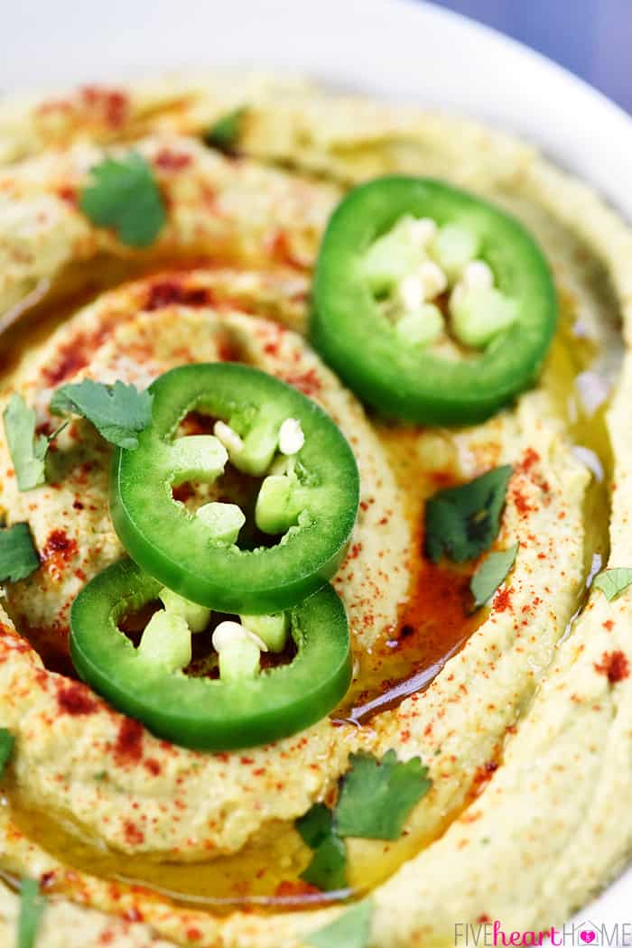Jalapeño Hummus ~ classic hummus gets a zippy kick in this healthy, flavorful, quick and easy dip for pita wedges or your favorite raw veggies! | FiveHeartHome.com Close-up Jalapeno Cilantro Hummus Recipe