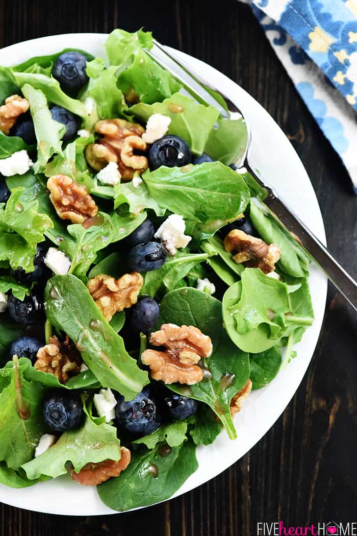 Brain Healthy Salad ~ loaded with leafy greens, blueberries, walnuts, and extra-virgin olive oil for an easy, tasty way to enjoy brain-protective foods in your diet! | FiveHeartHome.com Aerial view of Brain Healthy Salad recipe.