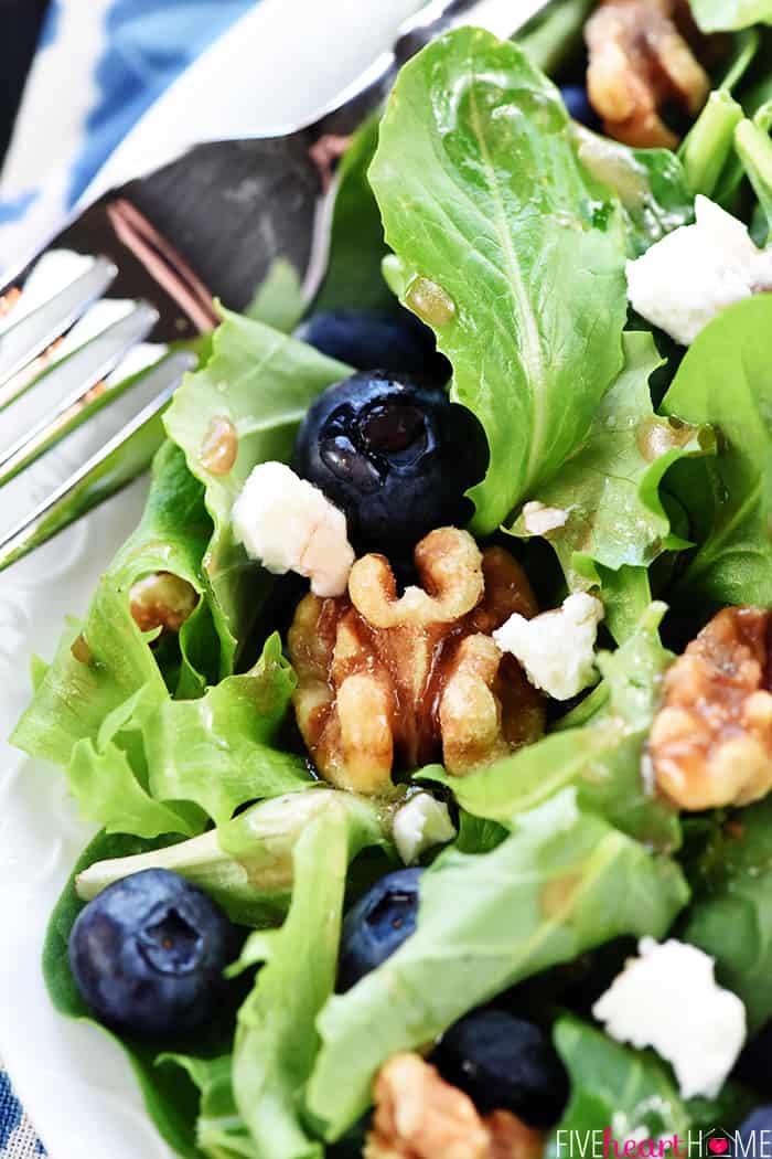 Close up of salad with walnuts and blueberries.