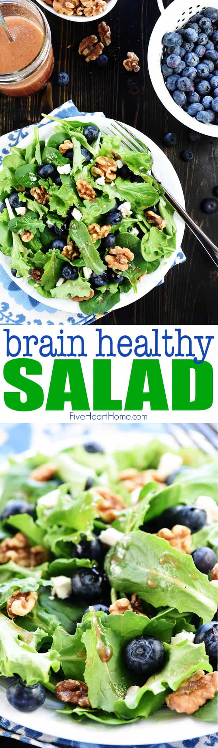 Brain Healthy Salad ~ loaded with leafy greens, blueberries, walnuts, and extra-virgin olive oil for an easy, tasty way to enjoy brain-protective foods in your diet! | FiveHeartHome.com via @fivehearthome