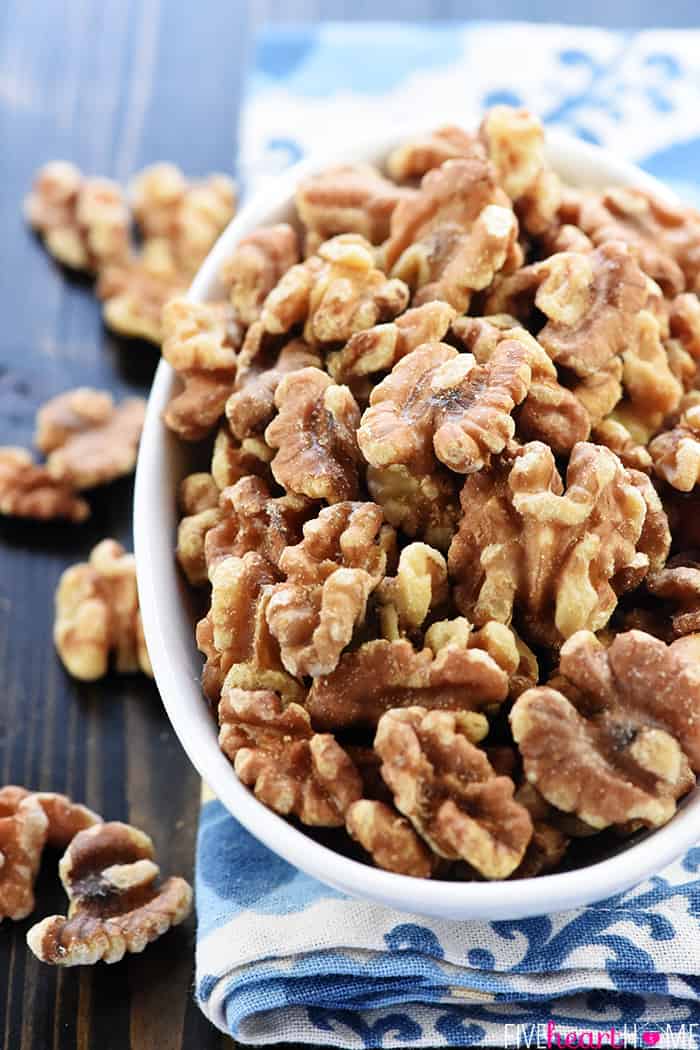 Brain Healthy Salad ~ loaded with leafy greens, blueberries, walnuts, and extra-virgin olive oil for an easy, tasty way to enjoy brain-protective foods in your diet! | FiveHeartHome.com Bowls of walnuts.
